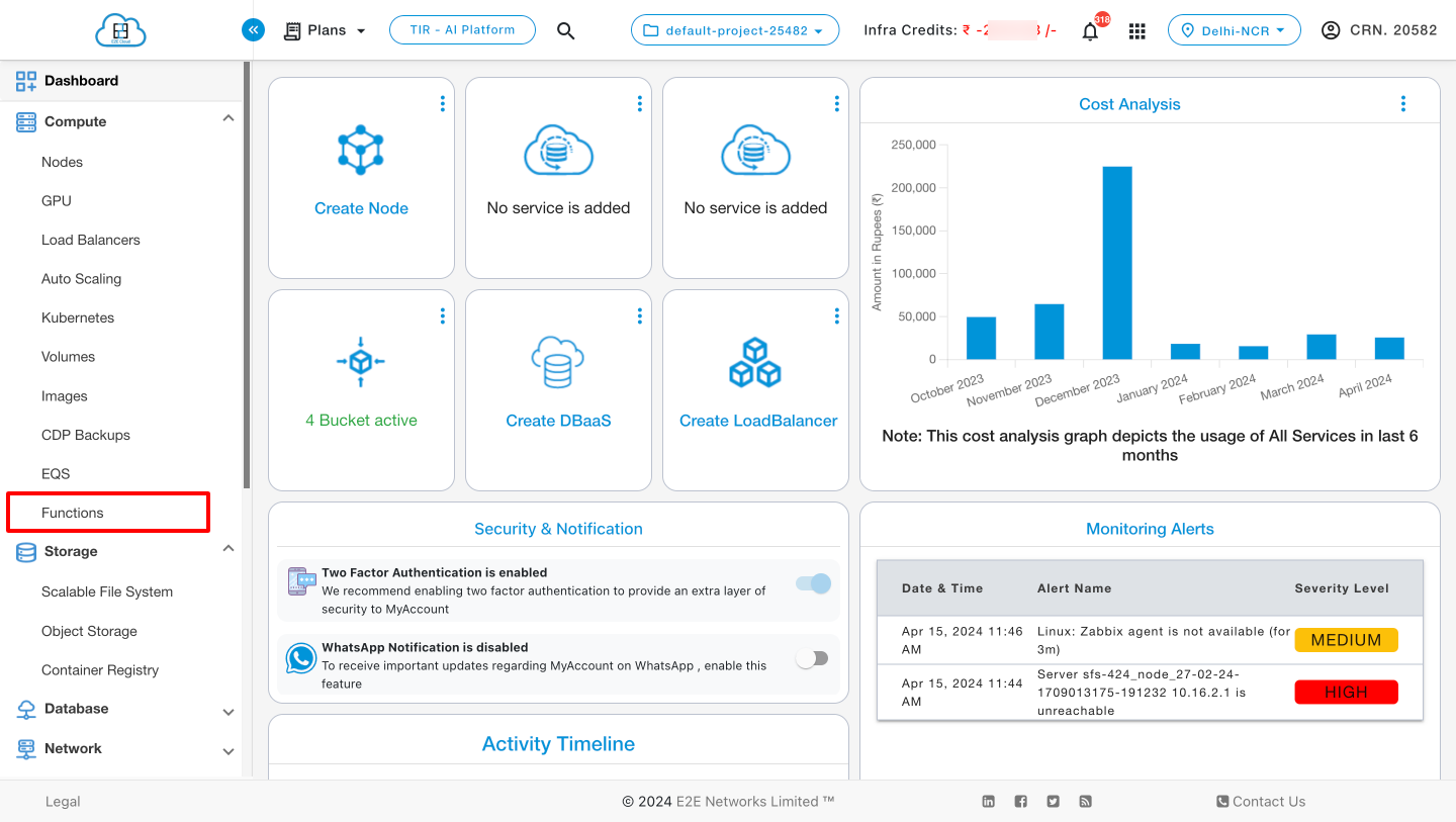 E2E Networks Functions Tab