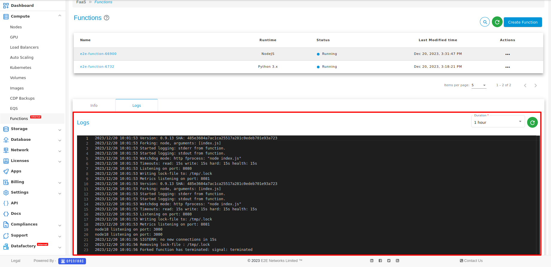 E2E Networks Function logs