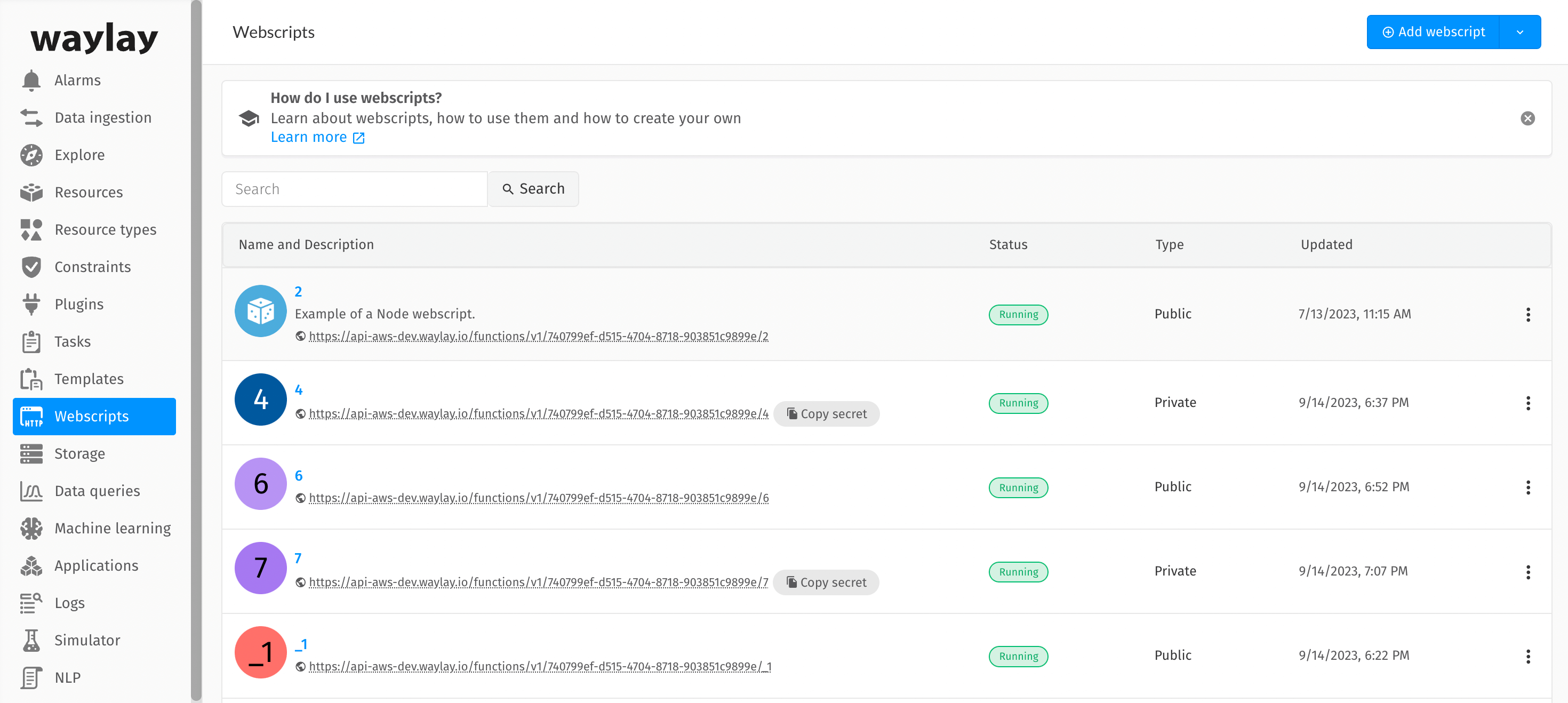 Waylay: List Webscripts